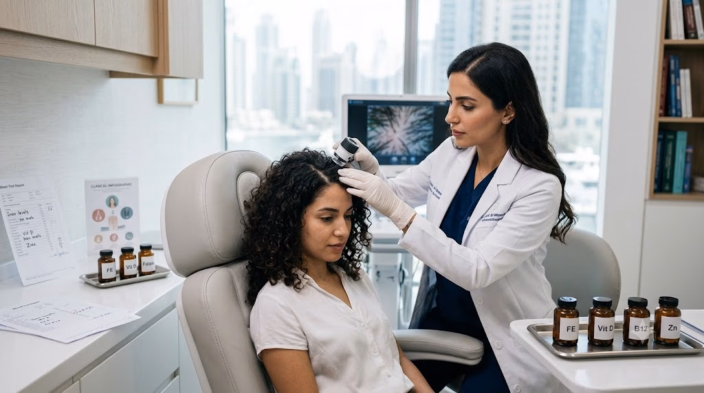 Blog 6 Dermatologist discussing vitamin deficiency and hair loss during a scalp assessment