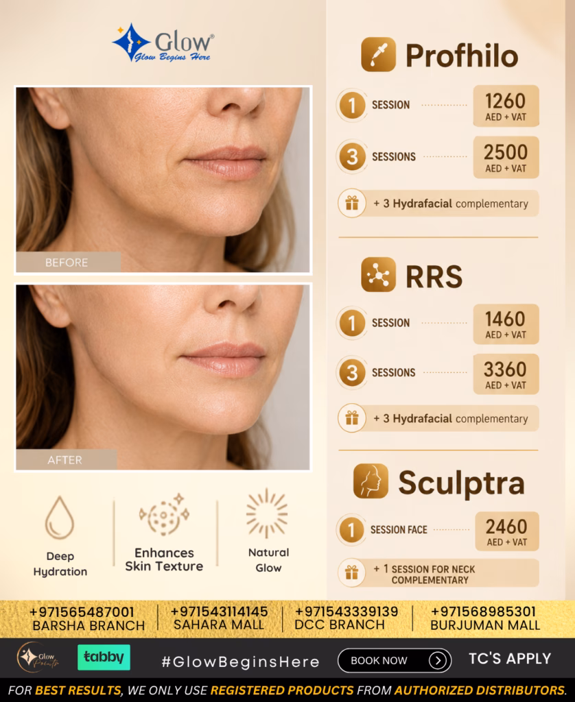 Special Offers 5 RRS, profhilo & Sculptra on offer prices in glow dubai & sharjah
